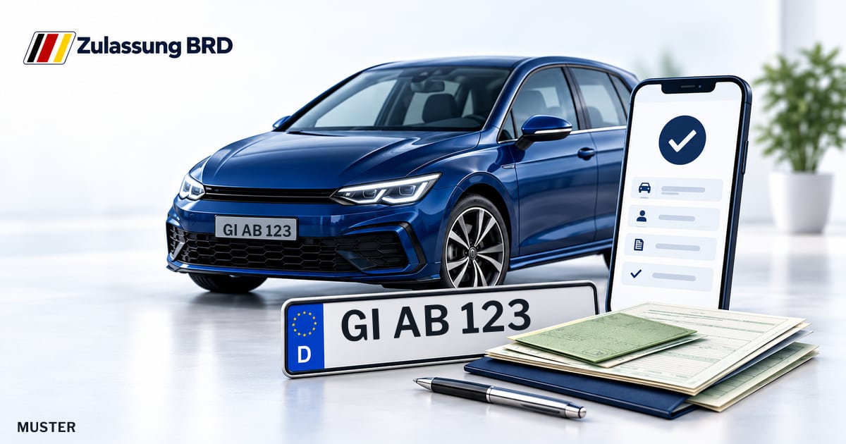 Online Fahrzeugzulassung in Gießen: Musterkennzeichen GI AB 123, Auto und Fahrzeugpapiere und Smartphone. Illustration mit Logo von Zulassung BRD.